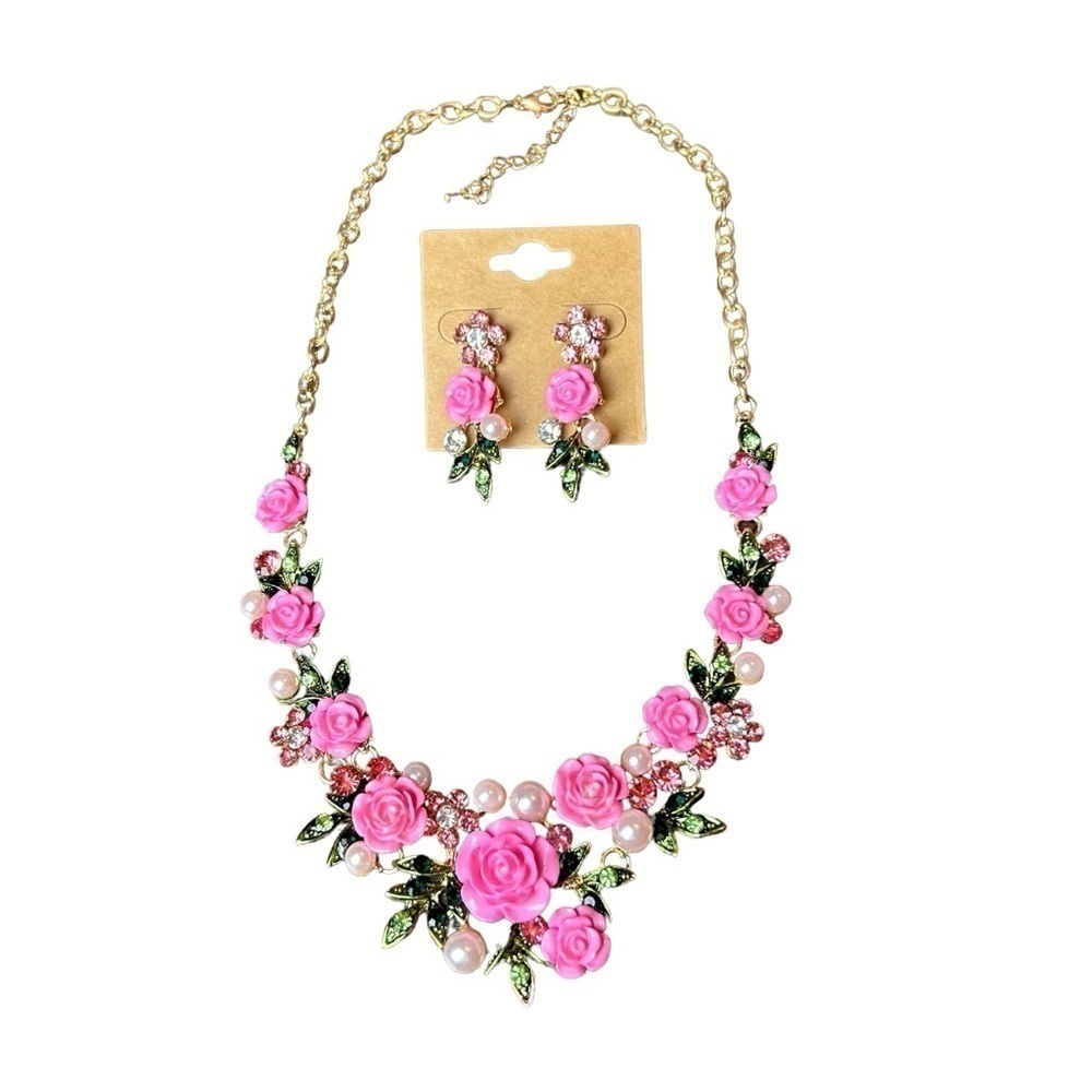 Pink Flower Rose Cluster Necklace Earring Set w/ Faux Pearl & Rhinestone Accents - Picture 3 of 15